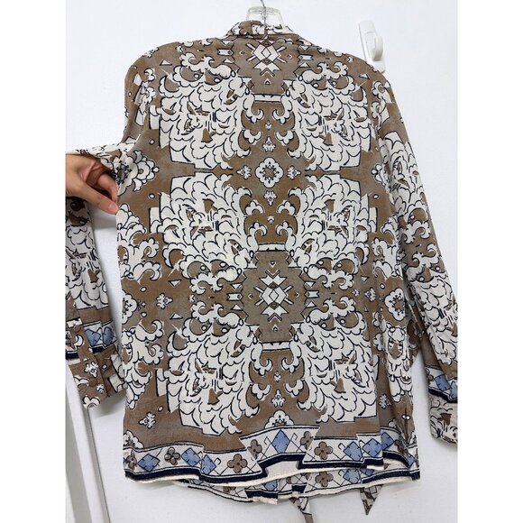 Tory Burch Wheat Nocturne Print Silk Blouse Top Floral Taupe White Bow Tie 4 - Picture 11 of 16